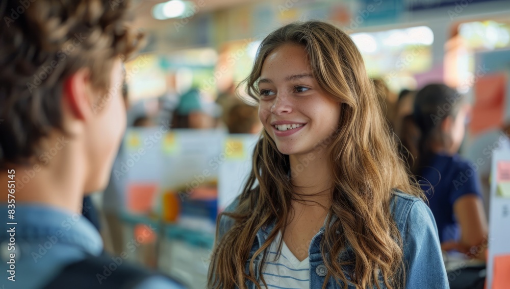 Teenage Girl Smiling at Friend in Busy School Hallway During Social Interaction Teenage Girl Smiling at Friend in Busy School Hallway During Social Interaction