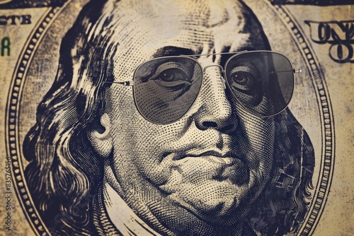Fun and Creative Image of Benjamin Franklin Wearing Sunglasses on a US Dollar Bill for Trendy Financial Concepts