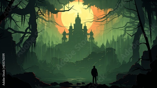 Among the ruins of an ancient temple in a dense jungle, the businessman examines cryptic symbols on the walls while a demon lurks in the shadows behind him. Painting Illustration style, Minimal and