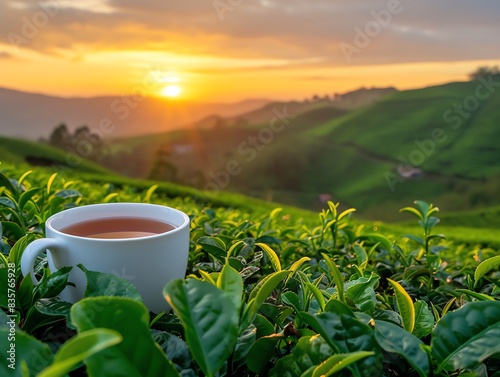 A white cup of tea on a Lush Green Tea Leaves with beautiful sunrise background