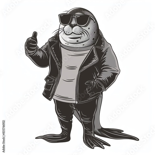 Cool seal wearing sunglasses and leather jacket giving thumbs up photo