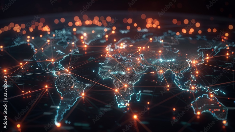 A futuristic world map with bright connections linking international business locations. A futuristic world map with bright connections linking international business locations.