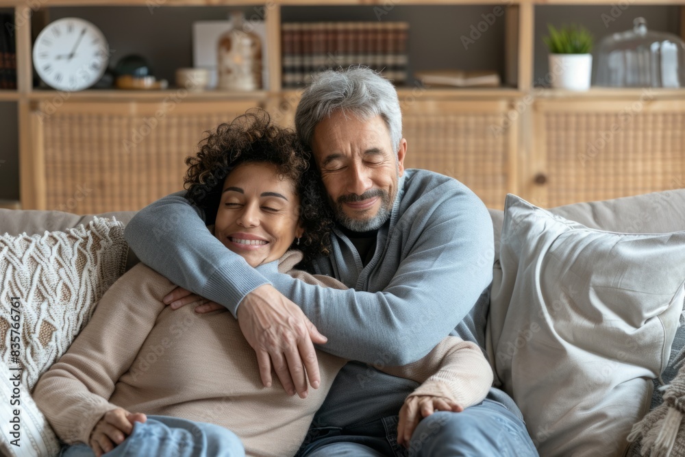 Happy Older Couple Embracing on Cozy Sofa at Home Celebrating Mature Relationships, Love, and Togetherness Happy Older Couple Embracing on Cozy Sofa at Home Celebrating Mature Relationships, Love, and Togetherness