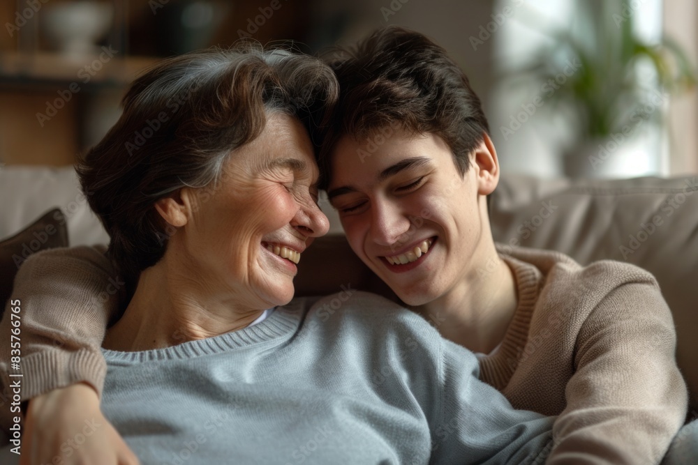 Intergenerational Connection: Grandmother and Grandson Bonding Moment on Cozy Couch Intergenerational Connection: Grandmother and Grandson Bonding Moment on Cozy Couch