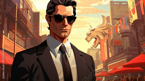 In a bustling urban market, the businessman covertly follows a suspicious figure believed to be a demon in disguise, blending with the crowd. Painting Illustration style, Minimal and Simple, photo