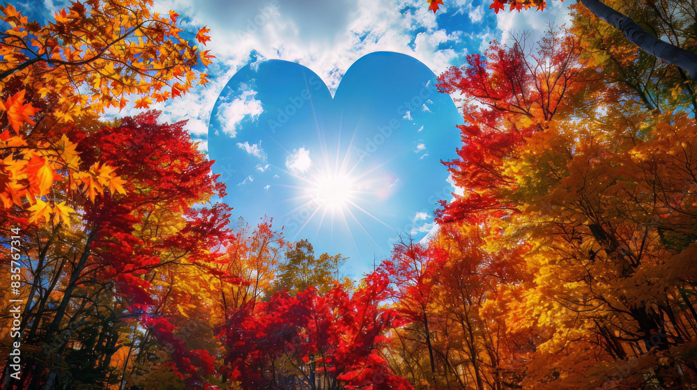 Fototapeta premium Fall forest with vibrant trees in red, orange, and yellow leaves. The sun peeks through a heart-shaped cloud in the blue sky, creating a bright and sunny day.