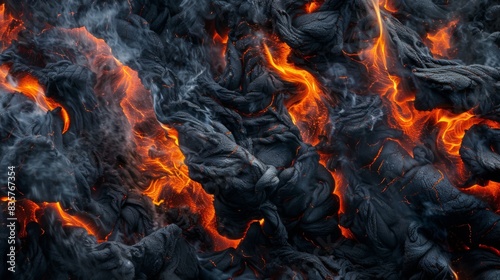 A black and orange lava flow with smoke and fire