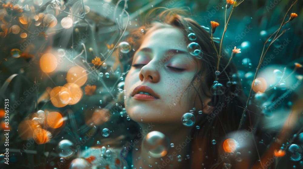 A woman is floating in a pool of bubbles A woman is floating in a pool of bubbles