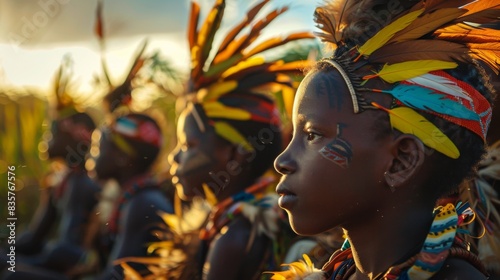 A group of young girls wearing colorful feathers photo