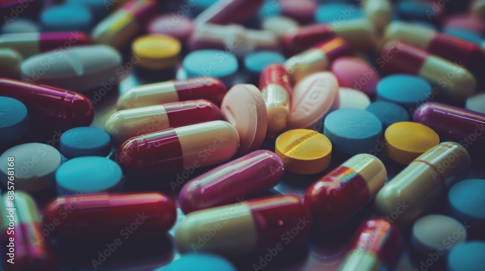 A bunch of colorful pills are scattered on a table A bunch of colorful pills are scattered on a table