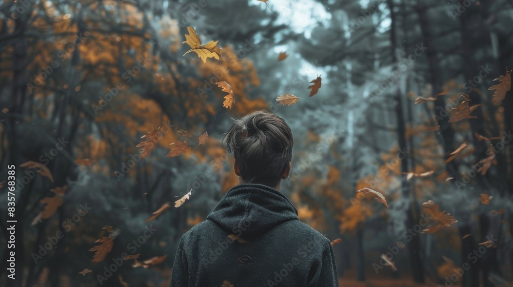 A man stands in a forest with leaves falling around him A man stands in a forest with leaves falling around him