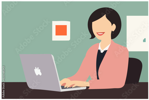 Busy middle aged business woman using laptop working in corporate office. Smiling mature businesswoman executive at work, professional female company hr or bank manager looking at computer.