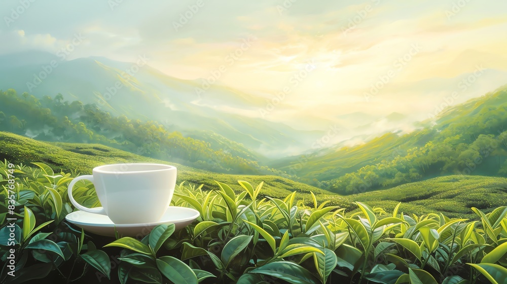 A white cup of tea on a Lush Green Tea Leaves with beautiful sunrise background A white cup of tea on a Lush Green Tea Leaves with beautiful sunrise background