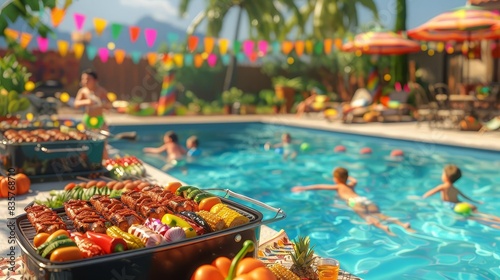 Summer pool event banner image of a poolside barbecue event, with families grilling food, kids swimming, and festive decorations around the pool © Rainister