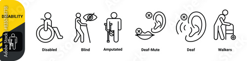 Disability banner web icon vector illustration concept with icon of disabled, blind, amputated, deaf-mute, deaf, walkers