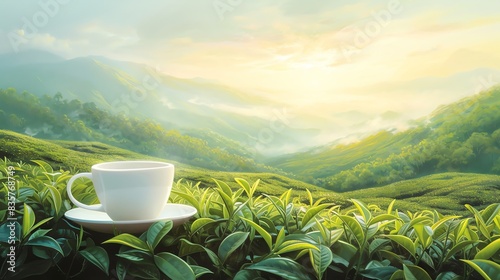 A white cup of tea on a Lush Green Tea Leaves with beautiful sunrise background