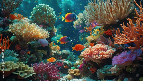 Vibrant tropical fish swimming among colorful corals in a mesmerizing saltwater aquarium eco.