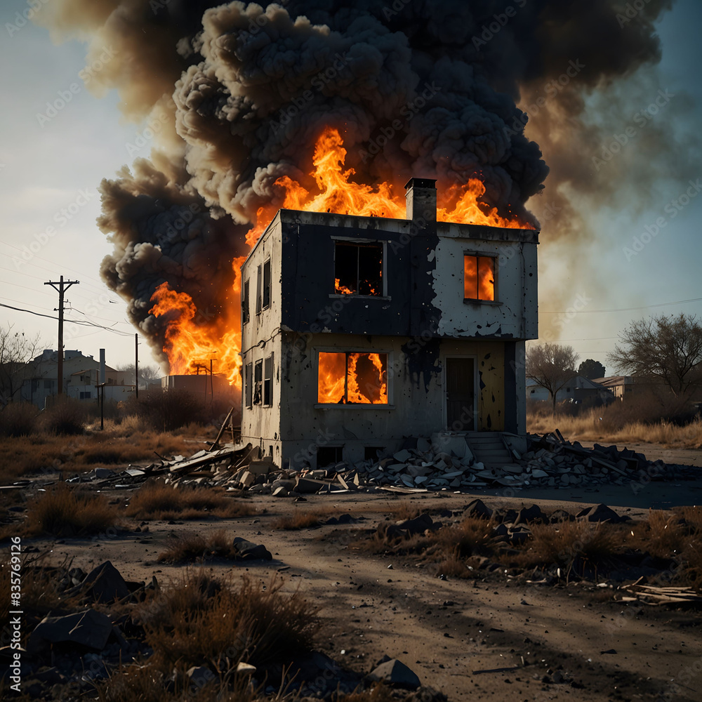 realistic picture of a house burning in a chaotic