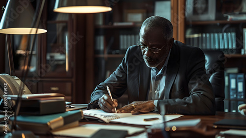 older black man writing in his office
