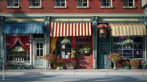 A row of storefronts with a red and white striped awning © Stelena