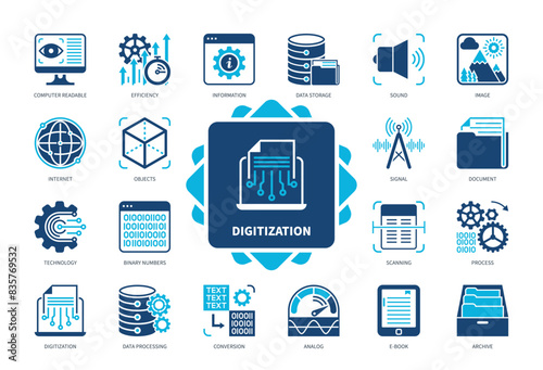 Digitization icon set. Information, Signal, Scanning, Archive, Conversion, Data Processing, Analog, Document. Duotone color solid icons