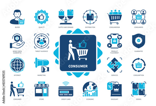 Consumer icon set. Buyer, Consumption, Marketing, Store, Guarantee, Economic, Distribution, Discount. Duotone color solid icons