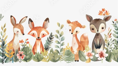 Cute cartoon woodland animal and flower frame border on white background in watercolor style