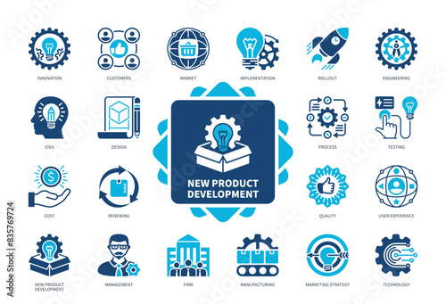 New Product Development icon set. Rollout, Design, User Experience, Manufacturing, Engineering, Idea, Distribution, Innovation. Duotone color solid icons