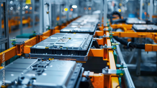 Conveyor chains and conveyor belts are in the electric vehicle battery production line in an industrial factory.