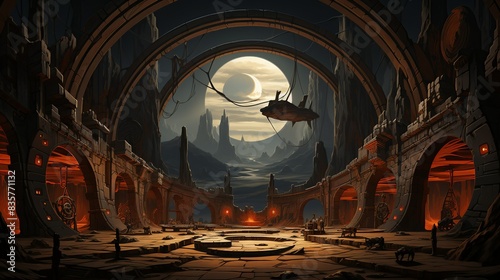 Inside a modern museum, the businessman studies an exhibit of ancient artifacts believed to hold the power to banish demons. Painting Illustration style, Minimal and Simple,