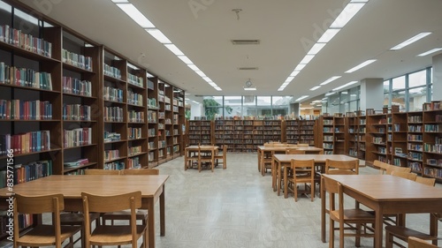 background blur school or campus library withbook shelves.