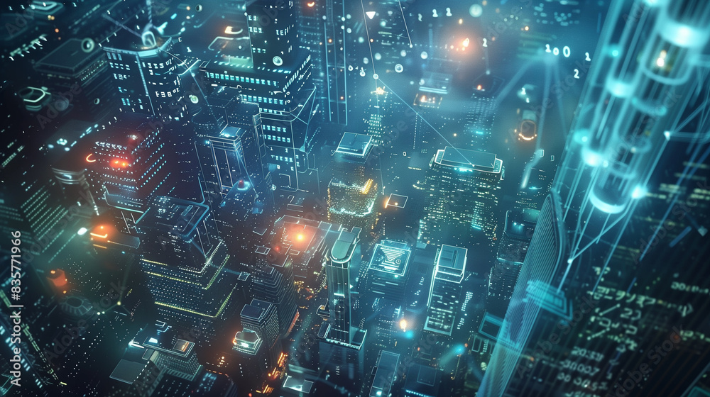 Obraz premium A cityscape with a lot of lights and numbers