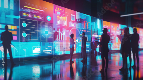 Fototapeta Naklejka Na Ścianę i Meble -  A group of people are standing in front of a large wall of computer monitors