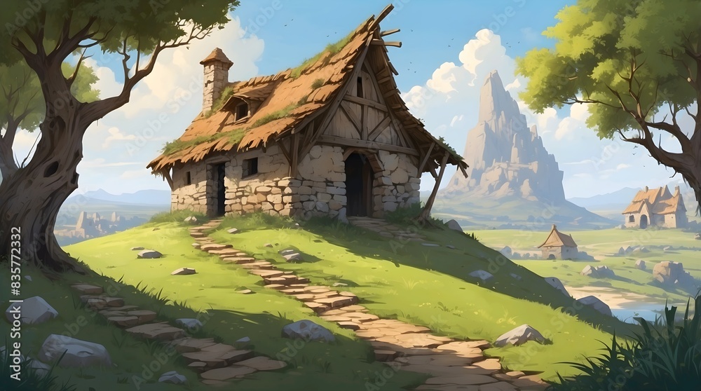 Fototapeta premium Landscape with ruined medieval hut vol 3