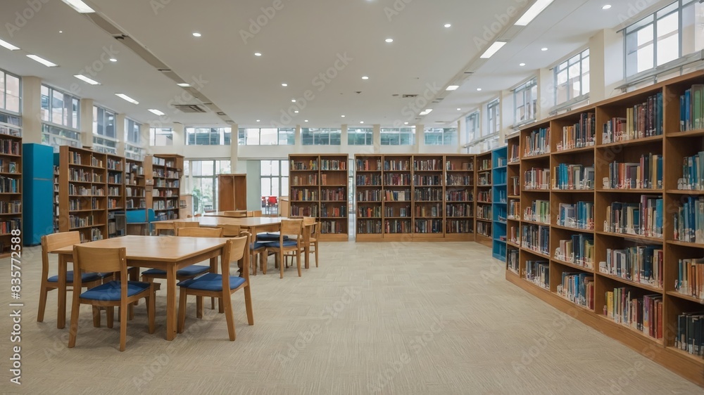 background blur school or campus library withbook shelves.