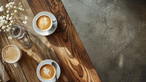 Top view of wooden table with cups of fresh fragrant coffee