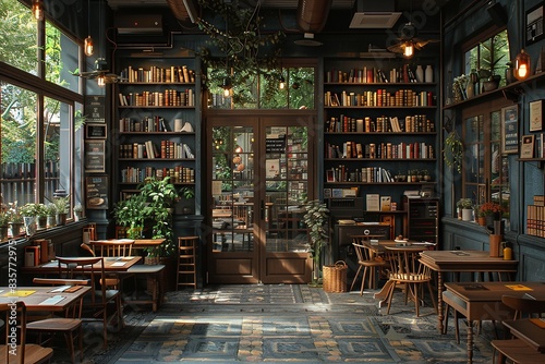 The cozy interior of a quaint cafÃ© with bookshelves filled with books, vintage furniture, ambient lighting, and large windows offering a serene view of greenerycozy