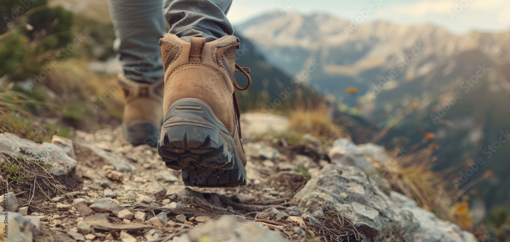 Close up of feets with hiking shoes from a man or woman walking in the mountain. Travel and hiking in the mountains concept. Close up of feets with hiking shoes from a man or woman walking in the mountain. Travel and hiking in the mountains concept.