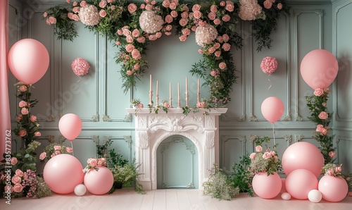 Pink Balloons and Flowers Decor. Generative AI