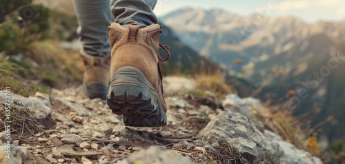 Close up of feets with hiking shoes from a man or woman walking in the mountain. Travel and hiking in the mountains concept.