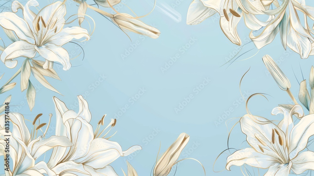 Lilies floral, luxury botanical on light blue background vector, empty space in the middle to leave room for text or logo, gold line wallpaper, leaves, flower, foliage, hand 