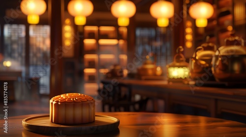 A beautifully lit traditional tea room with glowing lanterns, showcasing a single mooncake on a wooden platter, highlighting its golden crust. © pprothien