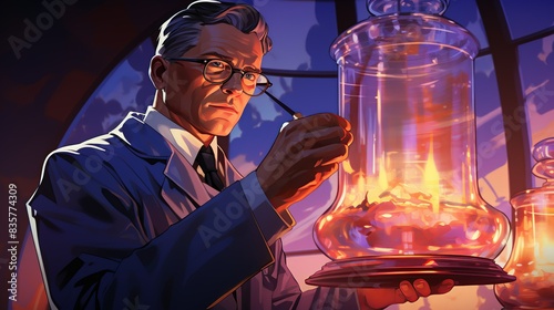 The businessman in a futuristic lab, experimenting with various substances to create a serum that can weaken or repel demons. Painting Illustration style, Minimal and Simple, photo