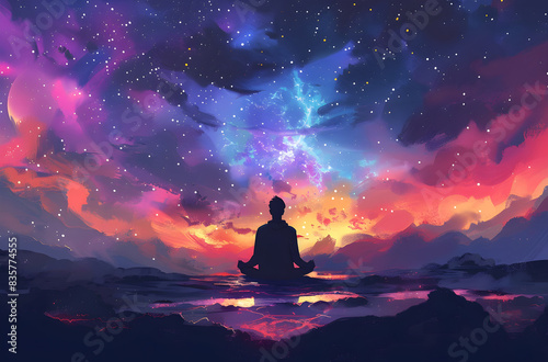 A man sitting in yoga lotus pose and his connection to space  post-produced digital illustration.