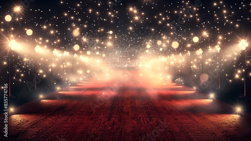 Grand Red Carpet Event with Glittering Lights. Luxurious starry night backdrop. Perfect for awards, special events. AI