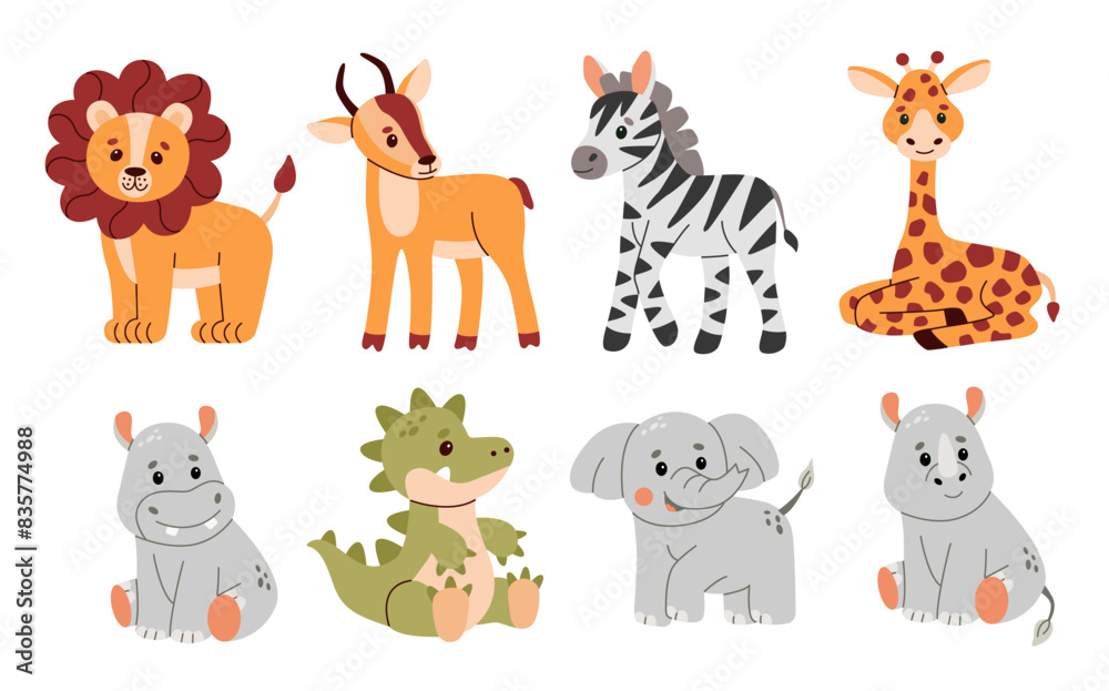Obraz premium Cute baby animals set. Vector illustration of safari jungle animals including a lion, antelope, hippo, rhinoceros, zebra, crocodile, alligator, elephant, and giraffe.