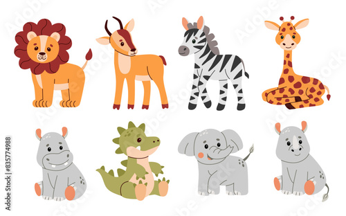 Cute baby animals set. Vector illustration of safari jungle animals including a lion  antelope  hippo  rhinoceros  zebra  crocodile  alligator  elephant  and giraffe.