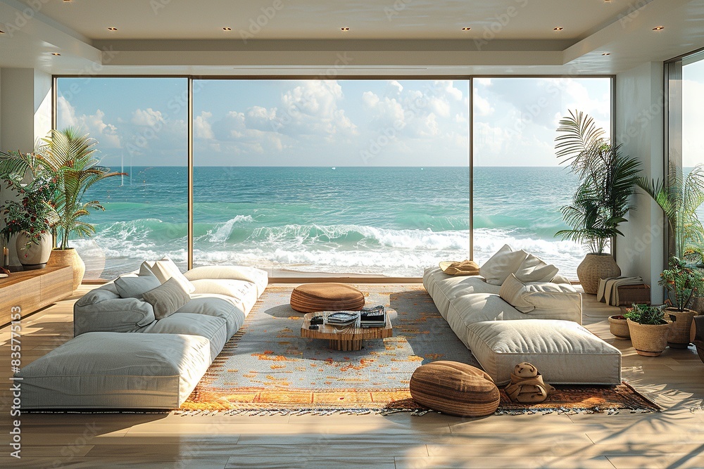 Fototapeta premium Luxurious Coastal Living Room with Large Ocean View Windows, Modern Furniture, and Indoor Plants, Overlooking a Sunny BeachOcean view living room