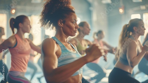 A diverse group of individuals engaged in a lively fitness class, following the guidance of their instructor in a well-lit, spacious gym. The scene emphasizes the themes of health, wellness, and