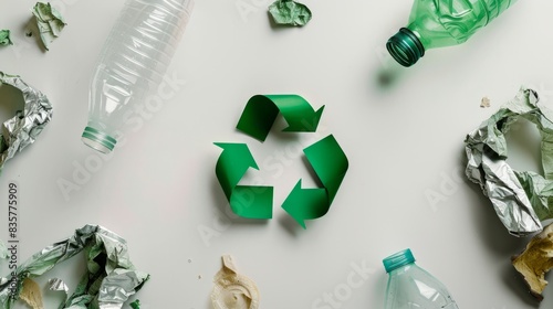 Green recycle icon near plastic, paper, glass waste on white background top-down.